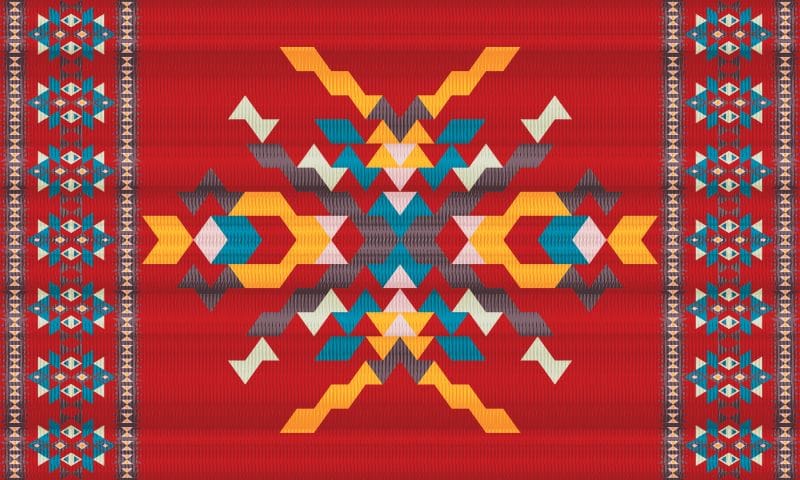 Intricate geometric pattern with symmetrical tribal design in red, yellow, blue, and white colors on a textile background.